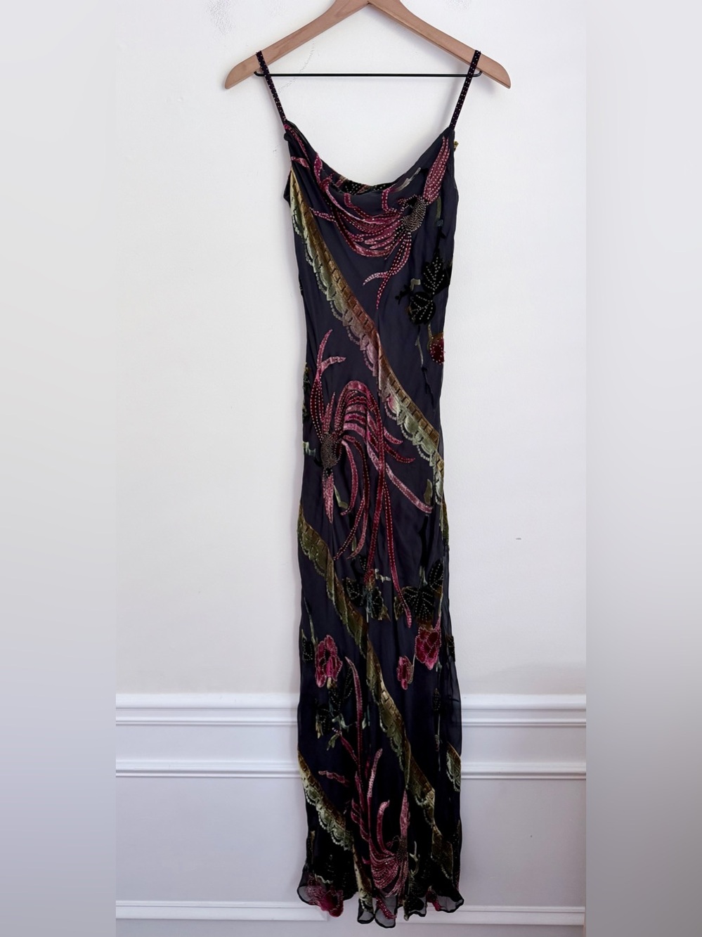 Sue Wong Vintage Y2K Silk Beaded Dress burnout velvet asymmetric Drop Waist